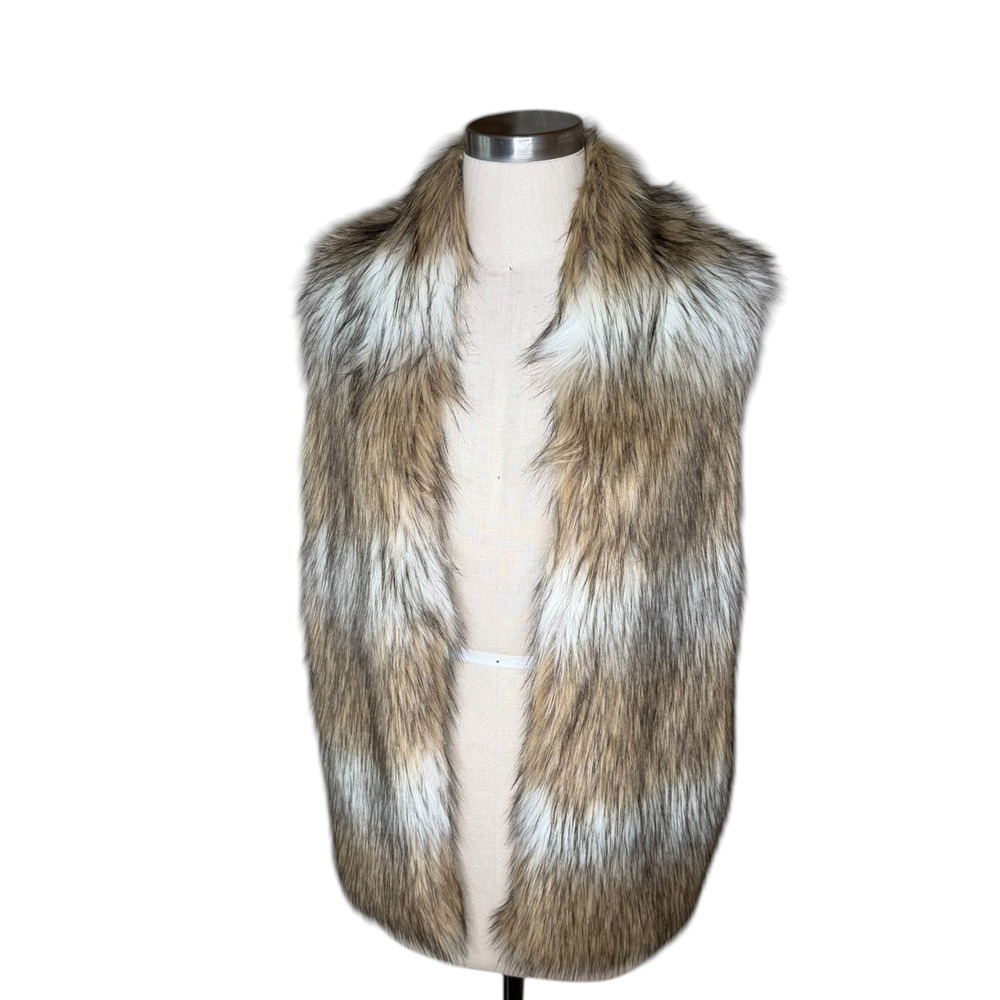 DKNY Faux Fur Knit Back Vest Tan Brown Women's XS/S Open Front Pockets